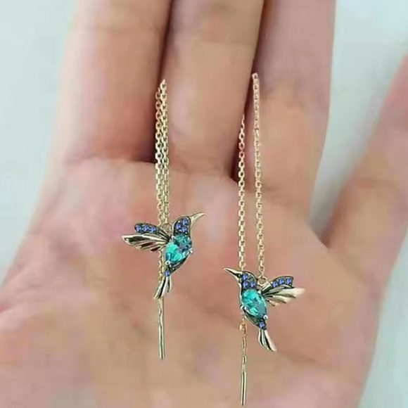 Elegant Gold and Blue Hummingbird Earrings - Picture 1 of 1
